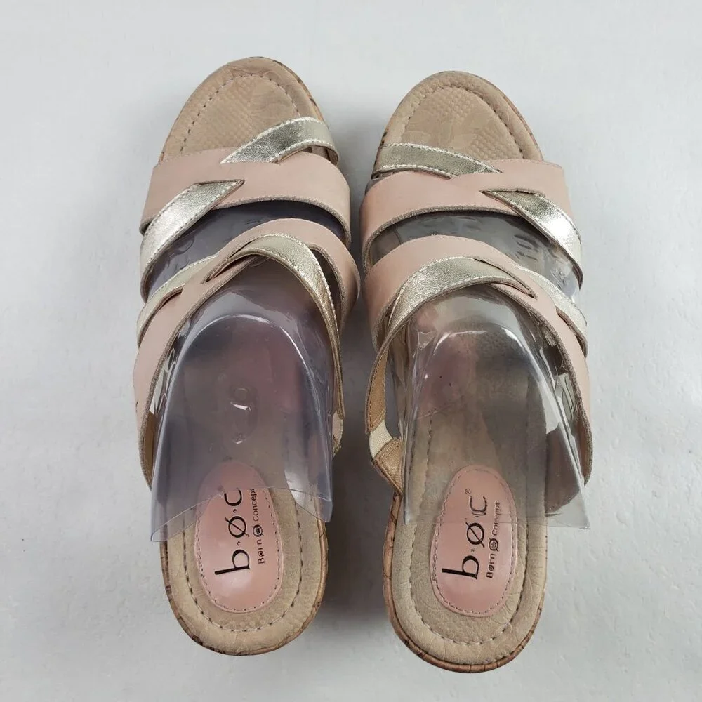 Born BOC Cork Wedge Sandal Womens 9 Brown Leather Open Toe Strappy Slip On